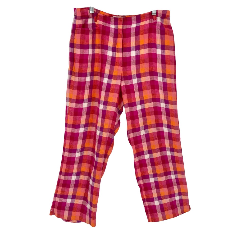 Escada Sport Linen Madras Capri Pants‎ Pink Orange Plaid Size 34 XS S Vintage